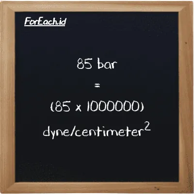 How to convert bar to dyne/centimeter<sup>2</sup>: 85 bar (bar) is equivalent to 85 times 1000000 dyne/centimeter<sup>2</sup> (dyn/cm<sup>2</sup>)